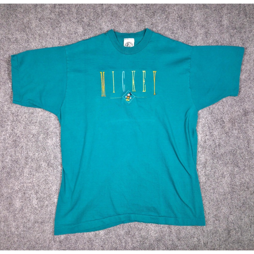 Vintage 90s Mickey & Co‎ T Shirt Mens XL Teal Embroidered Disney Genus USA Made